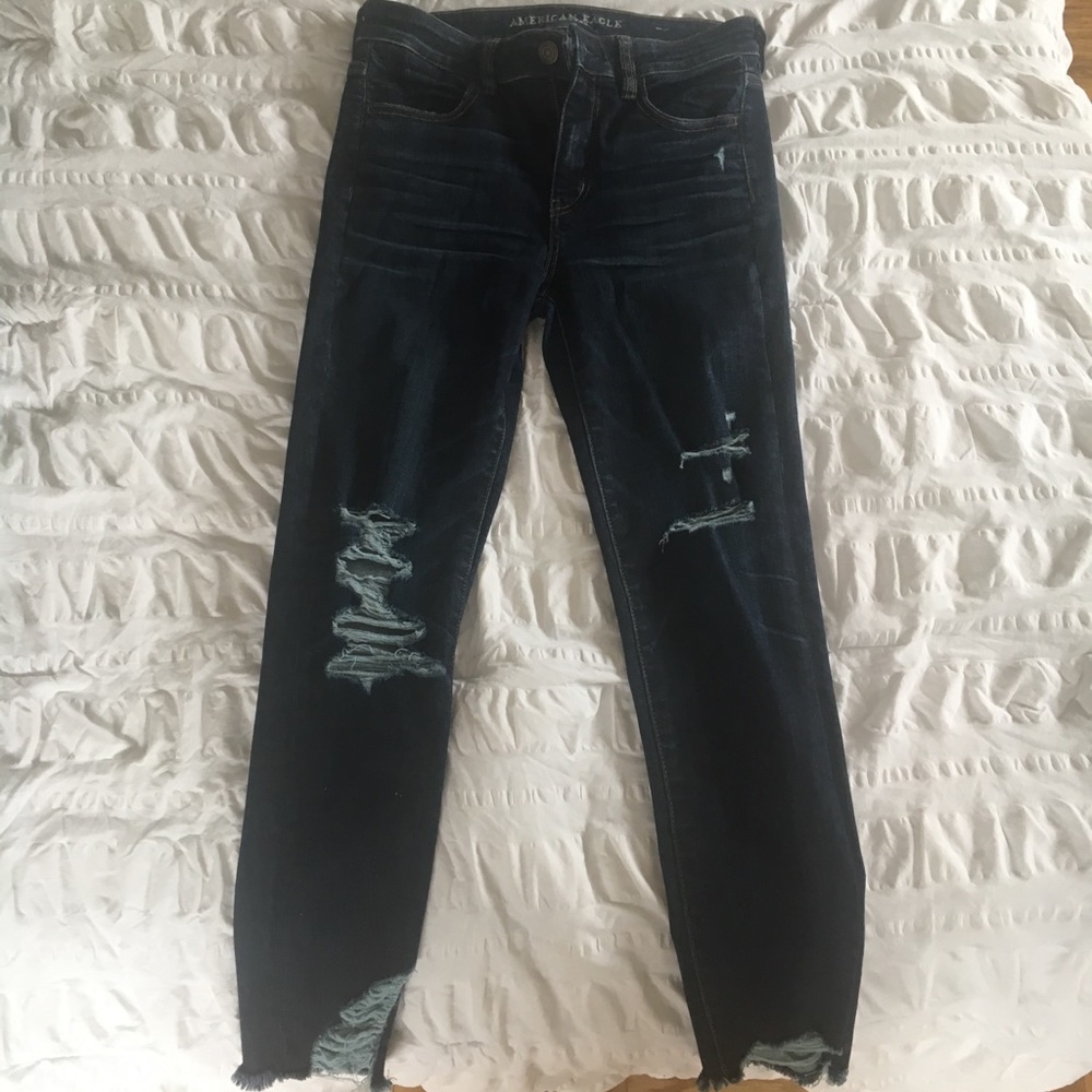 High waist stretchy blue ripped jeans